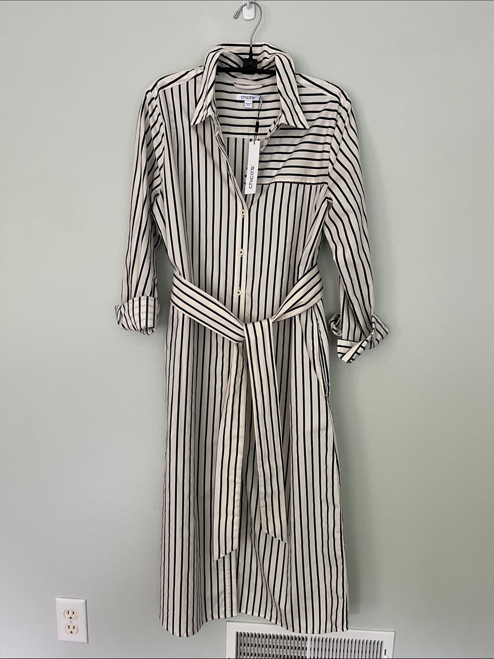 Chico's Black and White Striped Midi Shirt Dress - Picture 4 of 11